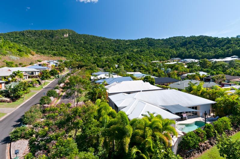 Homes and tropical gardens along a Red Peak street